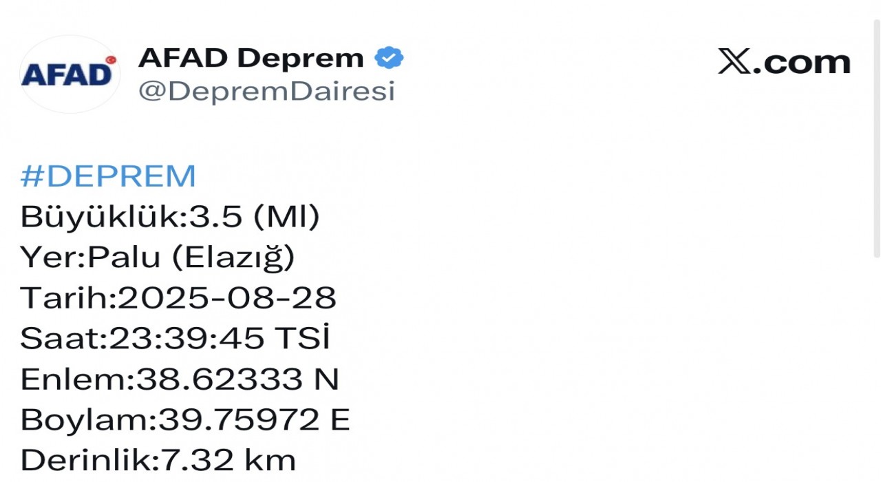 Elazığda 3.5 büyüklüğünde deprem