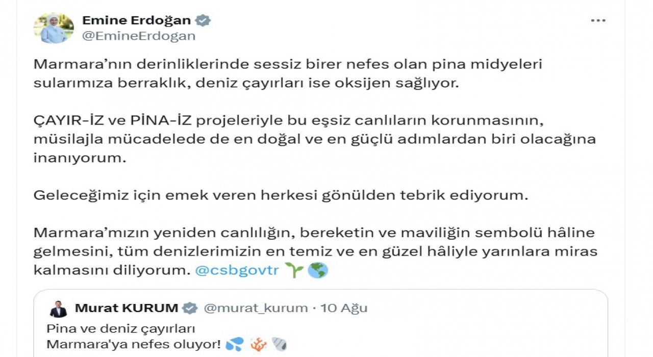 Emine Erdoğandan Marmara Denizinde başlatılan pina midyeleri ve deniz çayırları projesine ilişkin paylaşım: