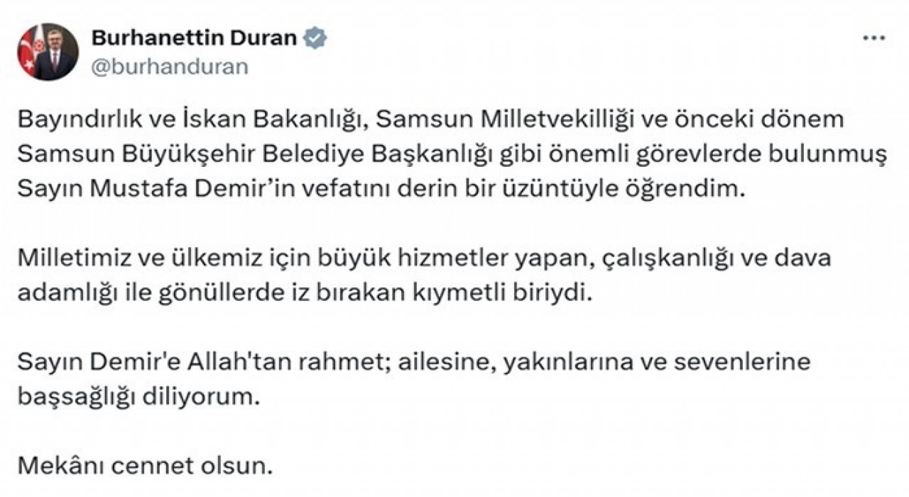 İletişim Başkanı Durandan Mustafa Demir için taziye mesajı