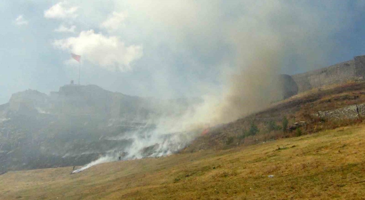 Kars Kalesinin eteklerinde korkutan anız yangını
