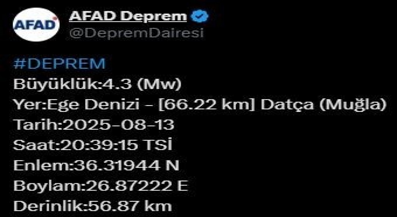 Muğlada 4.3 büyüklüğünde deprem