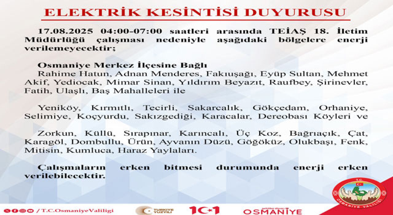 Osmaniye’de 17 Ağustos’ta Elektrik Kesintisi