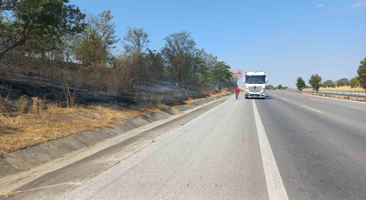 Otobanda fırlayan tır lastiği yangın çıkardı