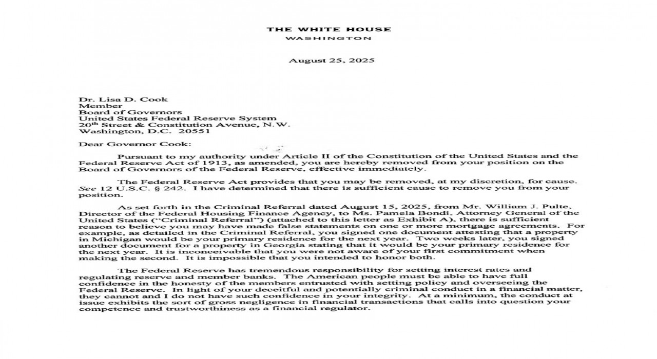 Trump, Fed Yönetim Kurulu Üyesi Lisa Cooku görevden aldığını duyurdu: Fedin 111 yıllık tarihinde ilk