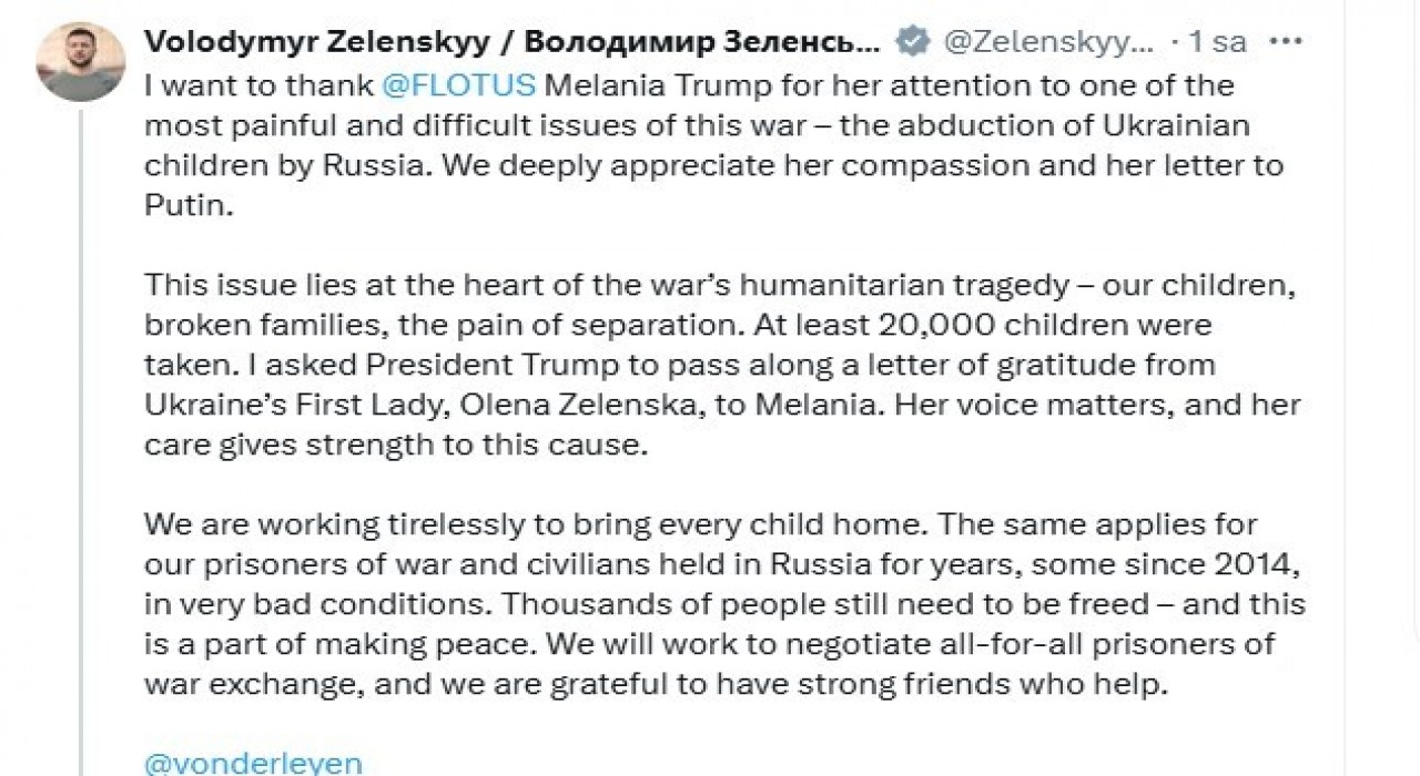 Ukrayna Devlet Başkanı Zelenskiyden ABD First Ladysi Melania Trumpa teşekkür