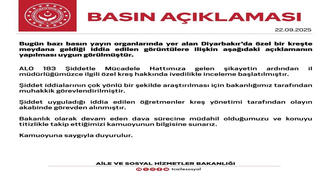 Aile ve Sosyal Hizmetler Bakanlığından Diyarbakırdaki özel kreş hakkında inceleme
