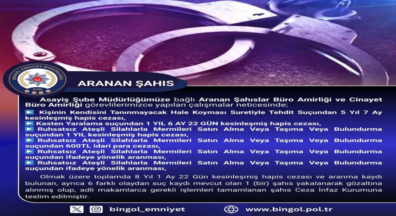 Bingölde kesinleşmiş hapis cezası bulunan şüpheli yakalandı