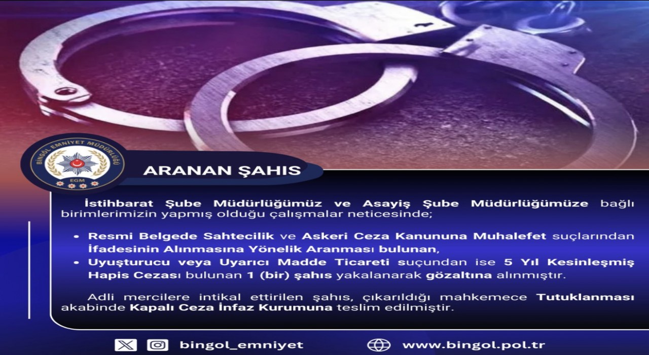 Bingölde kesinleşmiş hapis cezası bulunan zanlı yakalandı