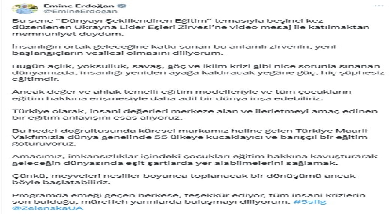 Emine Erdoğan, 5. Lider Eşleri Zirvesine video mesaj gönderdi