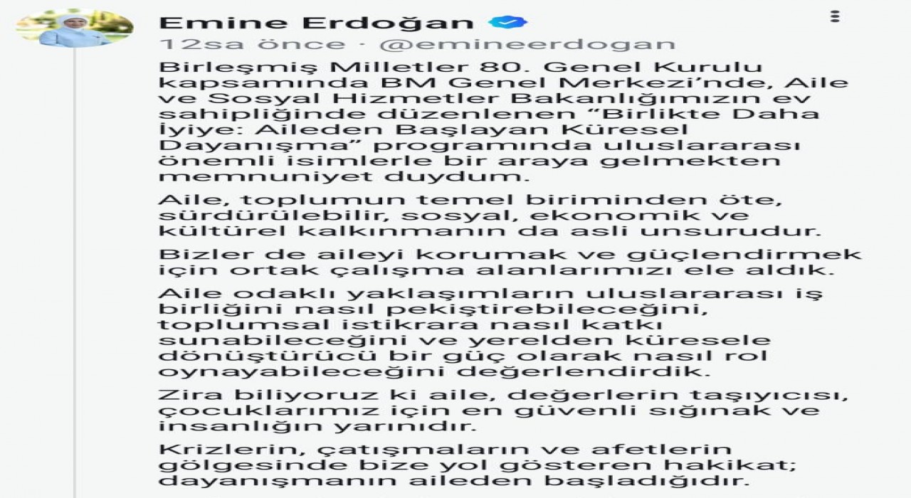 Emine Erdoğandan Birlikte Daha İyiye: Aileden Başlayan Küresel Dayanışma etkinliğine ilişkin paylaşım