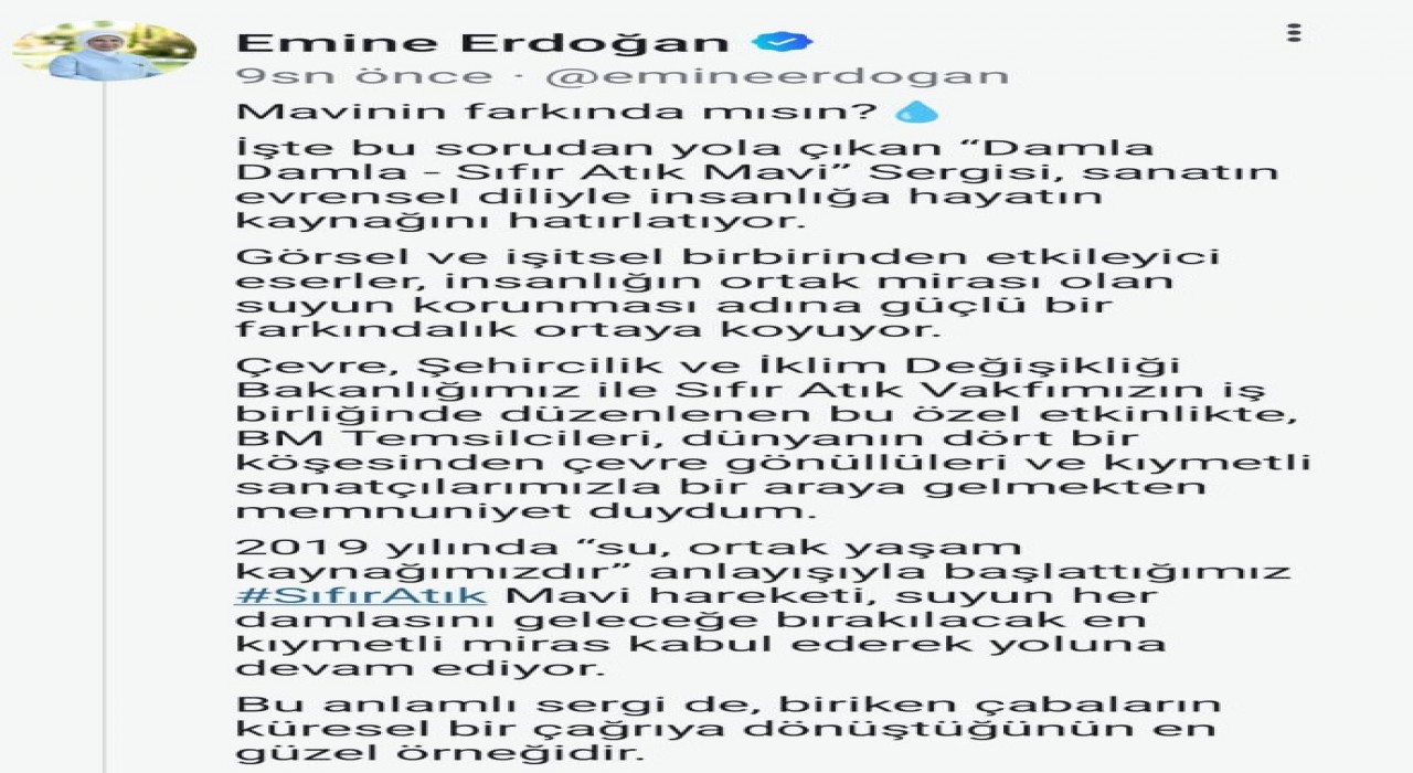 Emine Erdoğandan New Yorkta açılan Sıfır Atık Mavi-Damla Damla sergisine ilişkin paylaşım