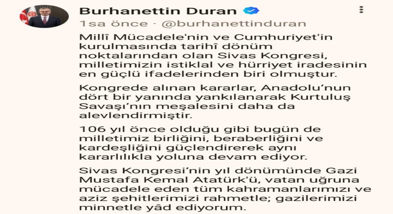 İletişim Başkanı Duran:106 yıl önce olduğu gibi bugün de milletimiz birliğini, beraberliğini ve kardeşliğini güçlendirerek aynı kararlılıkla yoluna devam ediyor