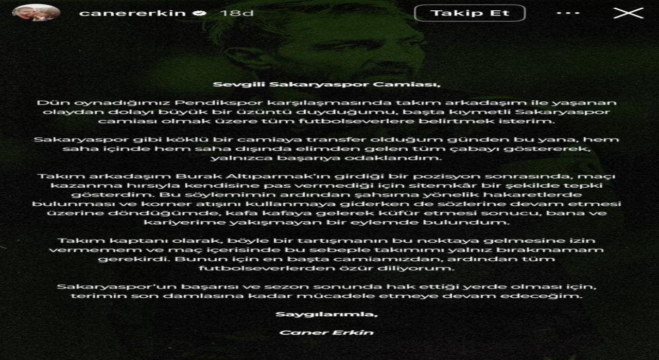Kadro dışı kalan Caner Erkinden açıklama