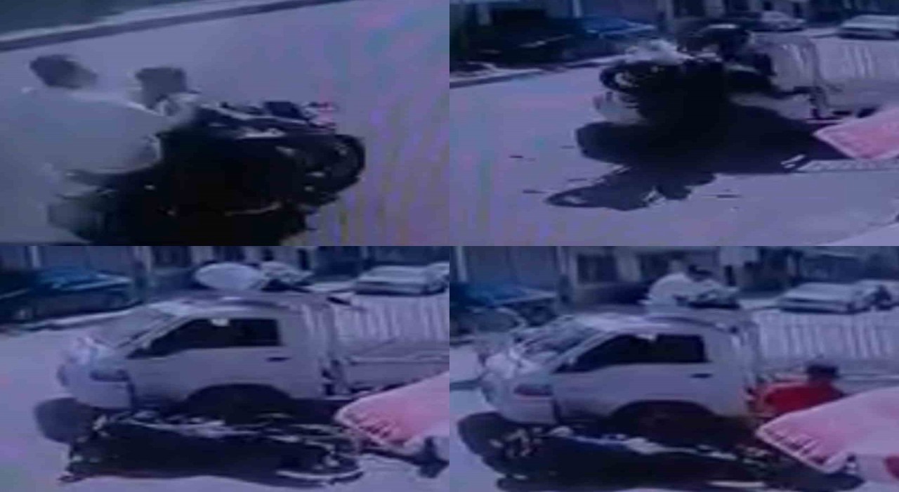 Kaza anları kamerada: Motosikletteki yolcu araç üstünde kaldı