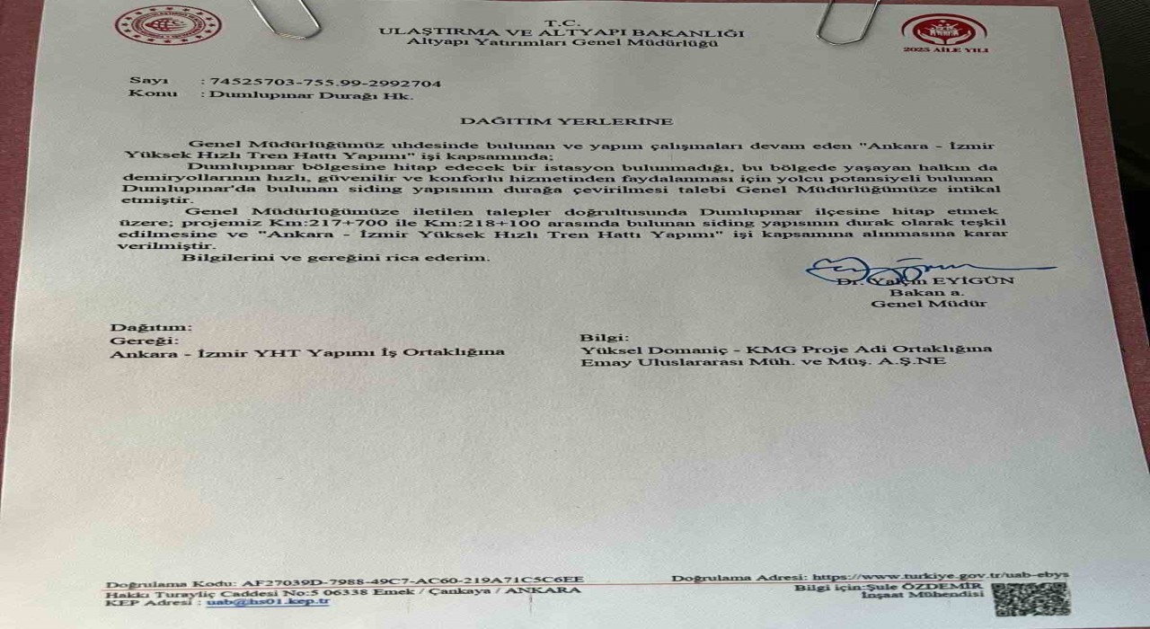 Kütahya Dumlupınara hızlı tren durağı müjdesi