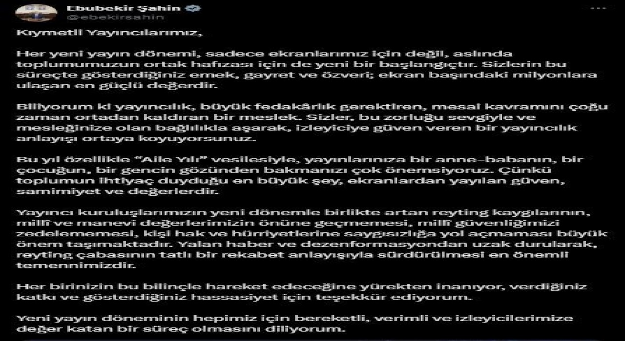 RTÜK Başkanı Şahin: Reyting çabasının tatlı bir rekabet anlayışıyla sürdürülmesi en önemli temennimizdir