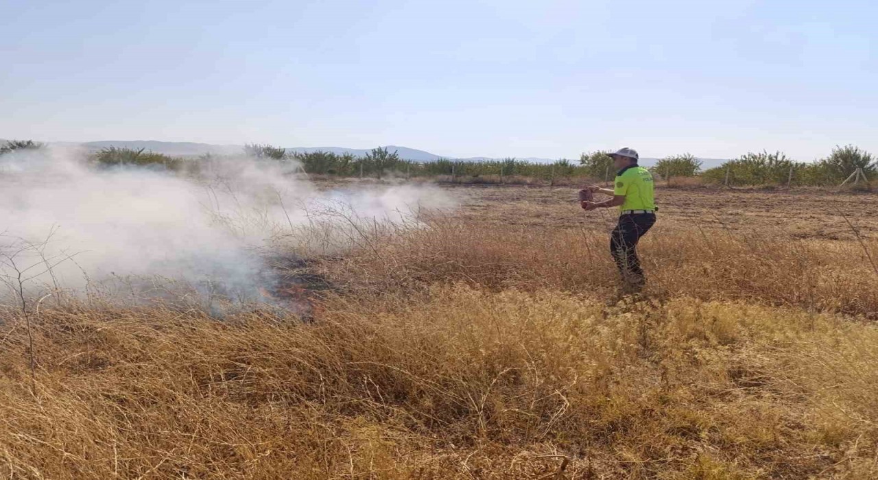 Tarlada çıkan yangını polisler söndürdü