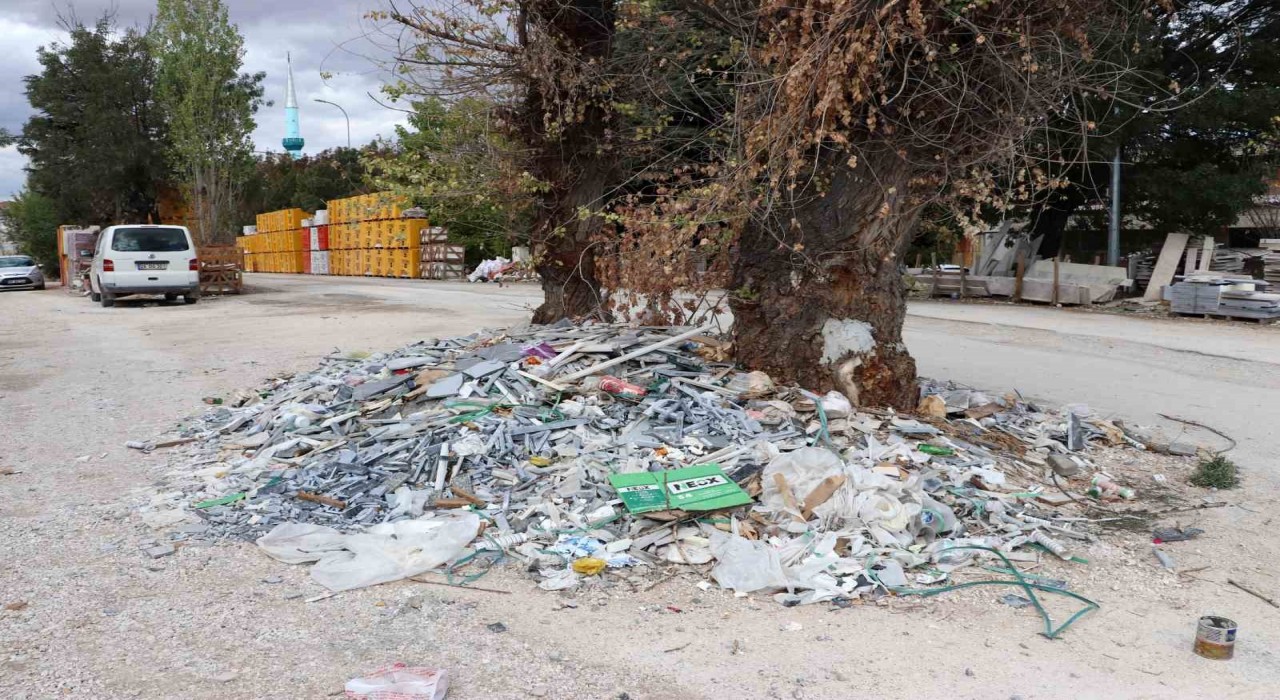 Baksan Sanayi Sitesinde ağacın çevresindeki moloz ve sanayi atıklarına tepki