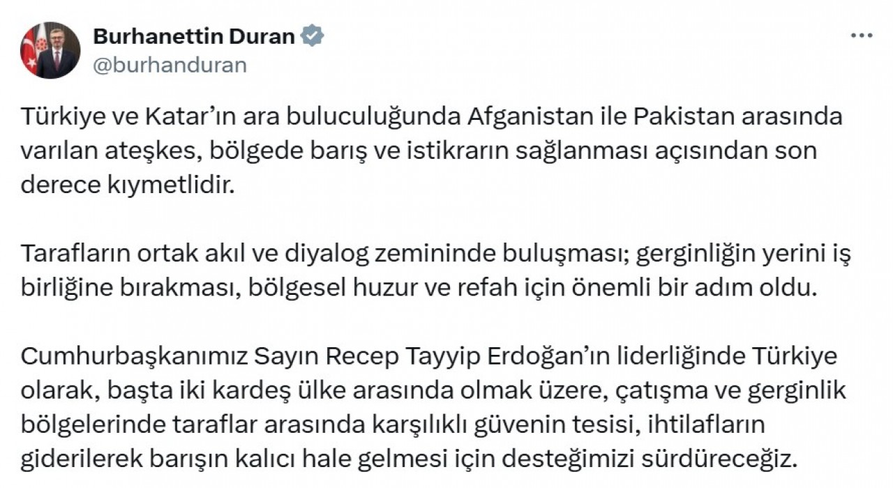 Burhanettin Durandan Afganistan-Pakistan ateşkesi açıklaması