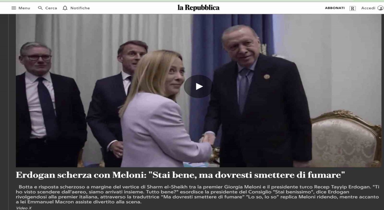 Cumhurbaşkanı Erdoğanın İtalya Başbakanı Meloniye sigara uyarısı İtalya basınında