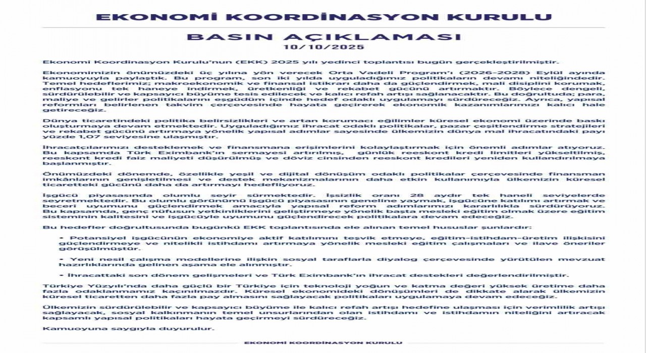 Ekonomi Koordinasyon Kurulu: Enflasyonu tek haneye indirmek ve kalıcı refah artışı sağlamak hedefimiz