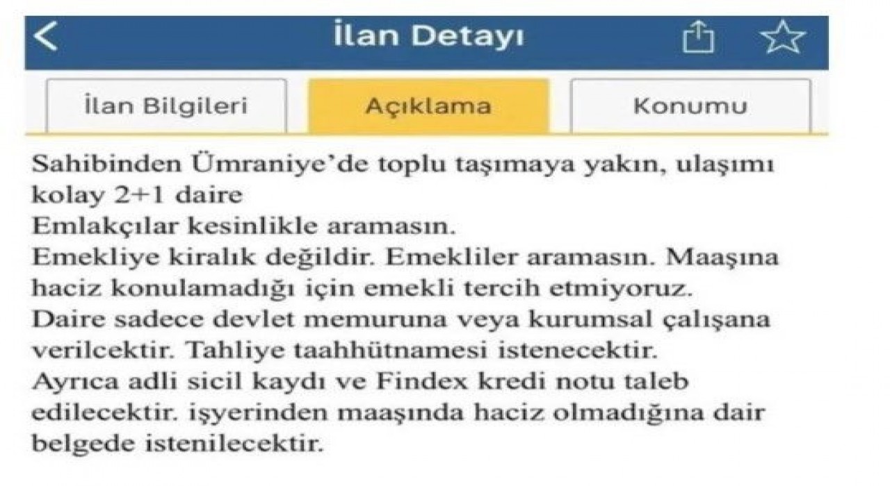Emekliye kiralık değildir başlıklı ilan veren emlak şirketine idari para cezası uygulandı