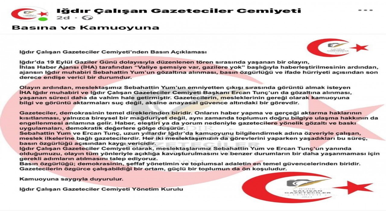 Iğdır Çalışan Gazeteciler Cemiyetinden iki gazetecinin gözaltına alınmasına tepki