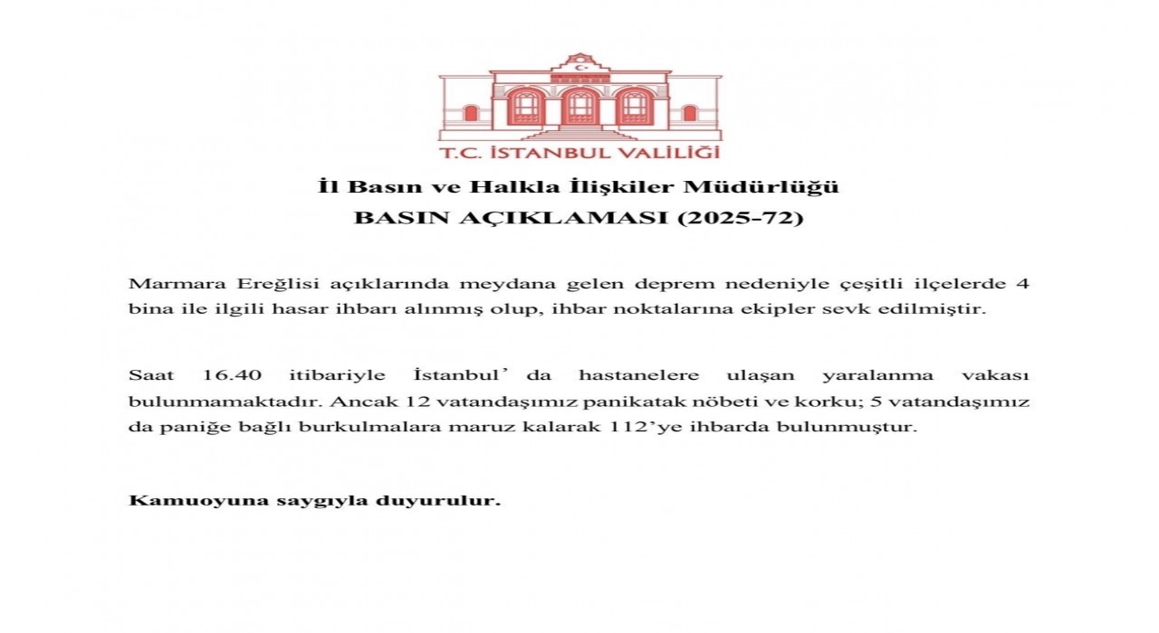 İstanbul Valiliği: 4 binayla ilgili hasar ihbarı alındı, 17 vatandaş 112ye ihbarda bulundu