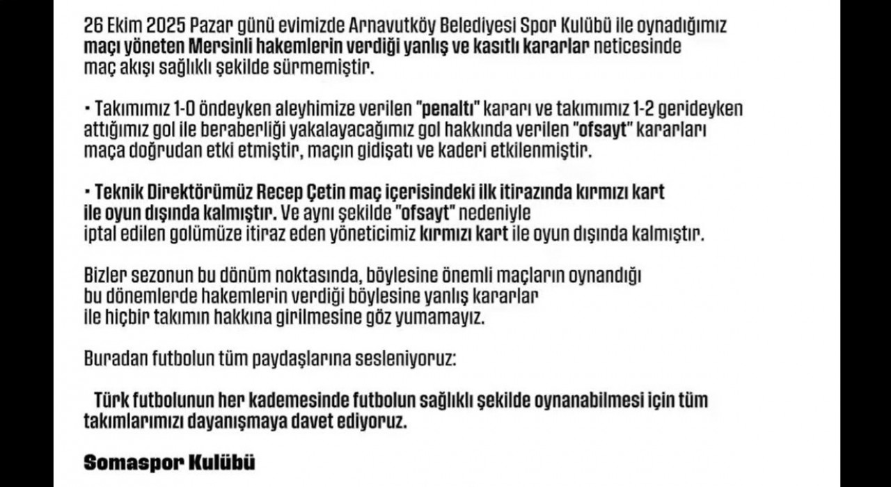 Somaspordan maçın hakemlerine tepki