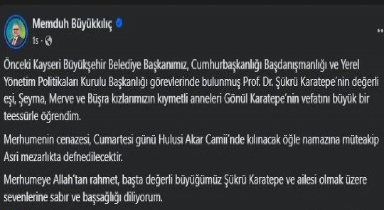 Şükrü Karatepenin eşi hayatını kaybetti