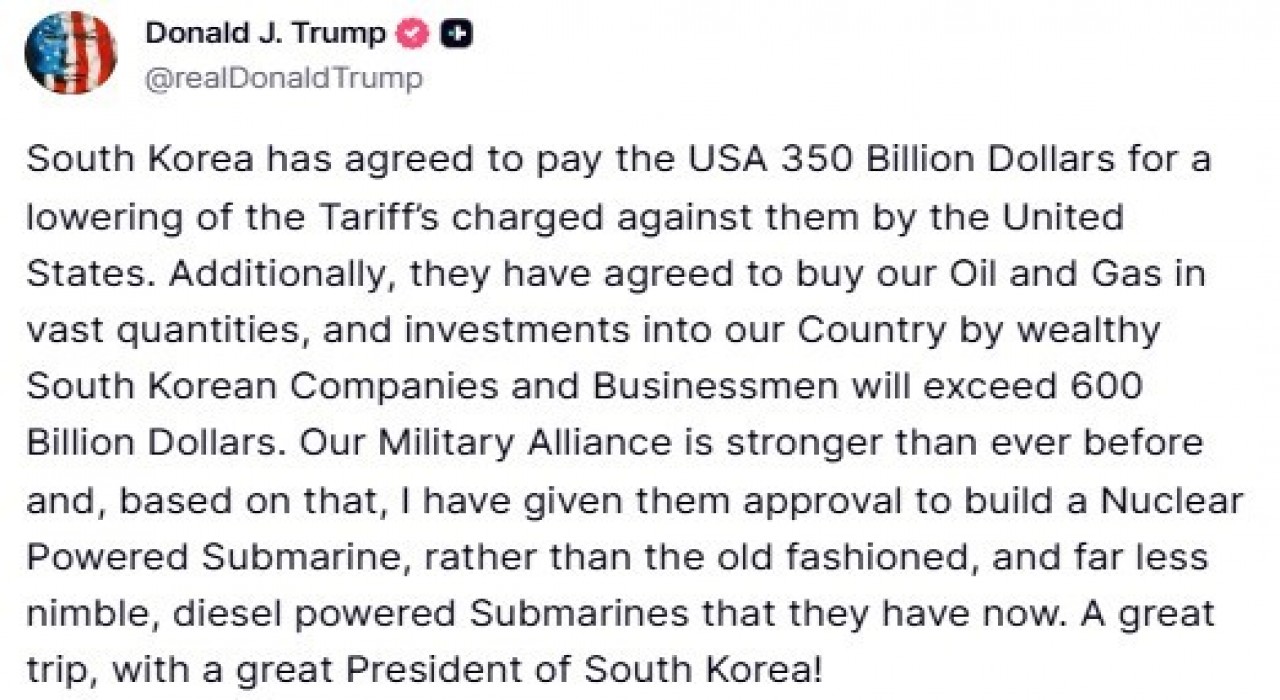 Trump: Güney Kore ABDye toplam 950 milyar dolarlık yatırım yapacak