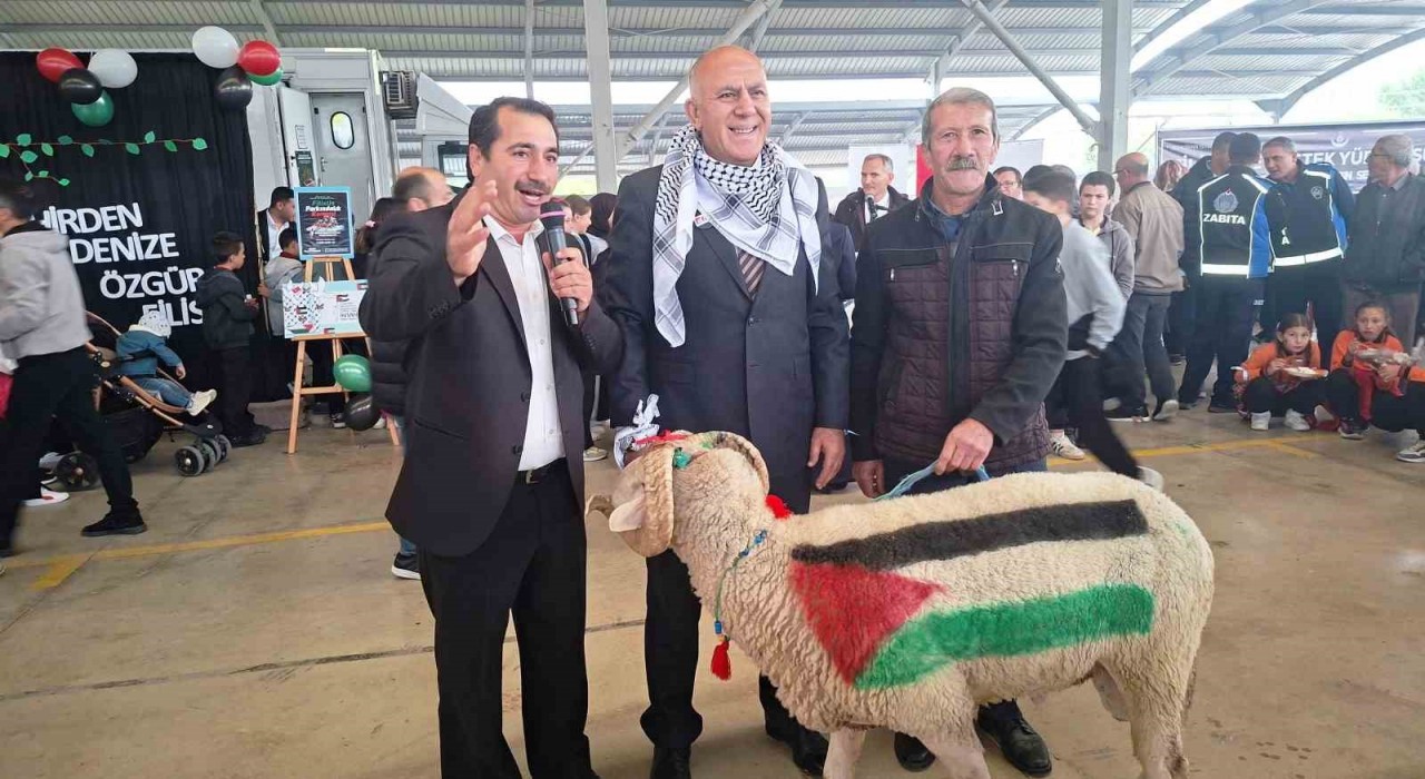 Üzerinde Türkiye ve Filistin bayrakları çizili olan koç, Filistinliler için açık artırmaya çıkarıldı