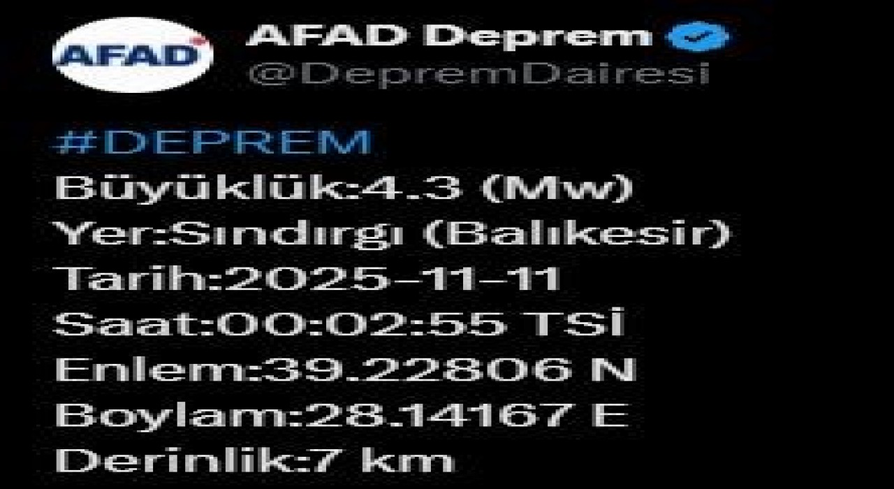 Balıkesirde 4.3 büyüklüğünde deprem