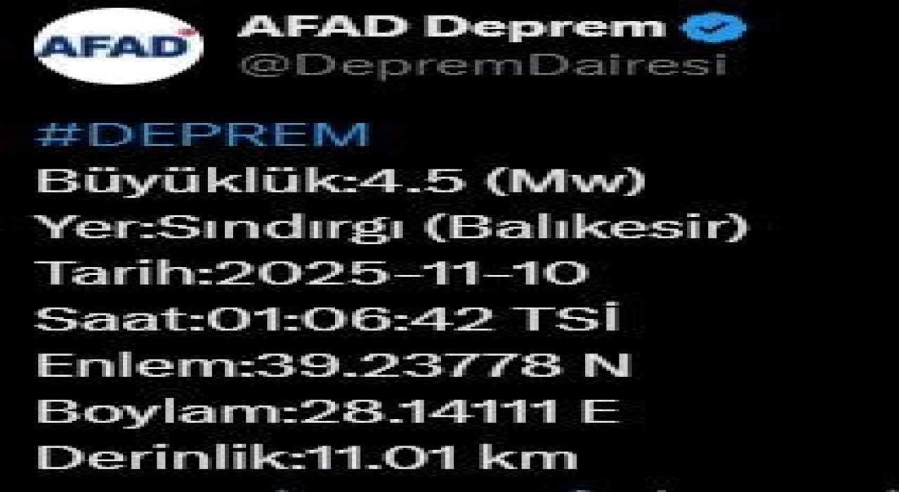 Balıkesirde 4.5 büyüklüğünde deprem