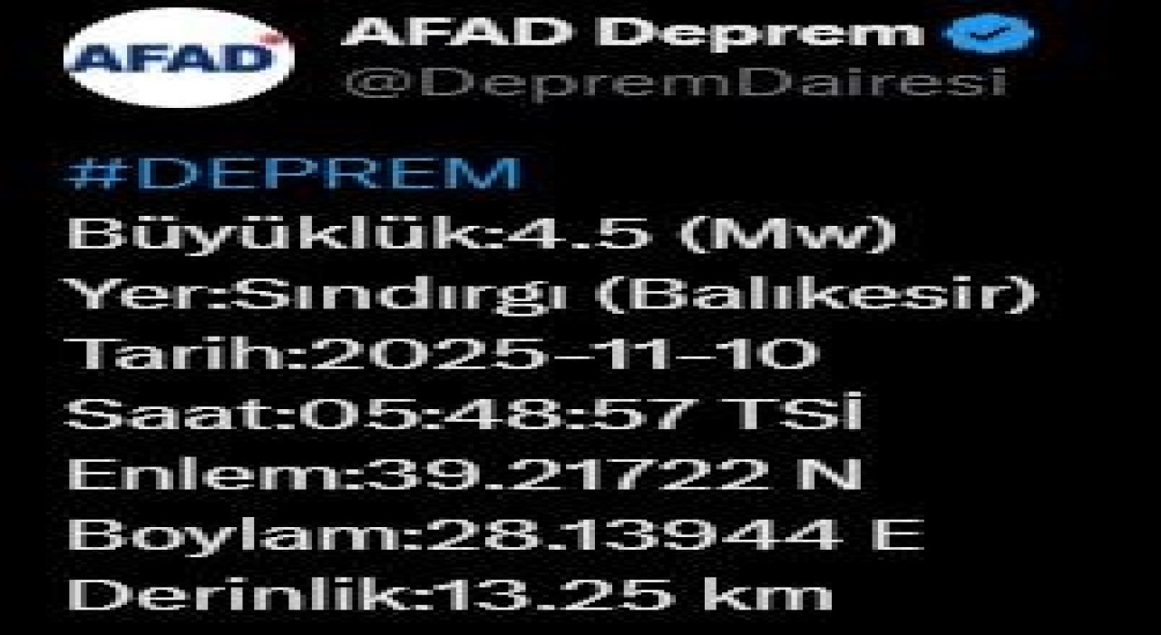 Balıkesirde 4.5 büyüklüğünde deprem