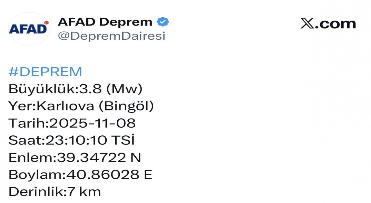 Bingölde 3.8 büyüklüğünde deprem