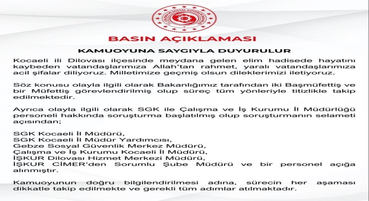 Çalışma ve Sosyal Güvenlik Bakanlığı Kocaelindeki yangına ilişkin 7 kişiyi açığa aldı
