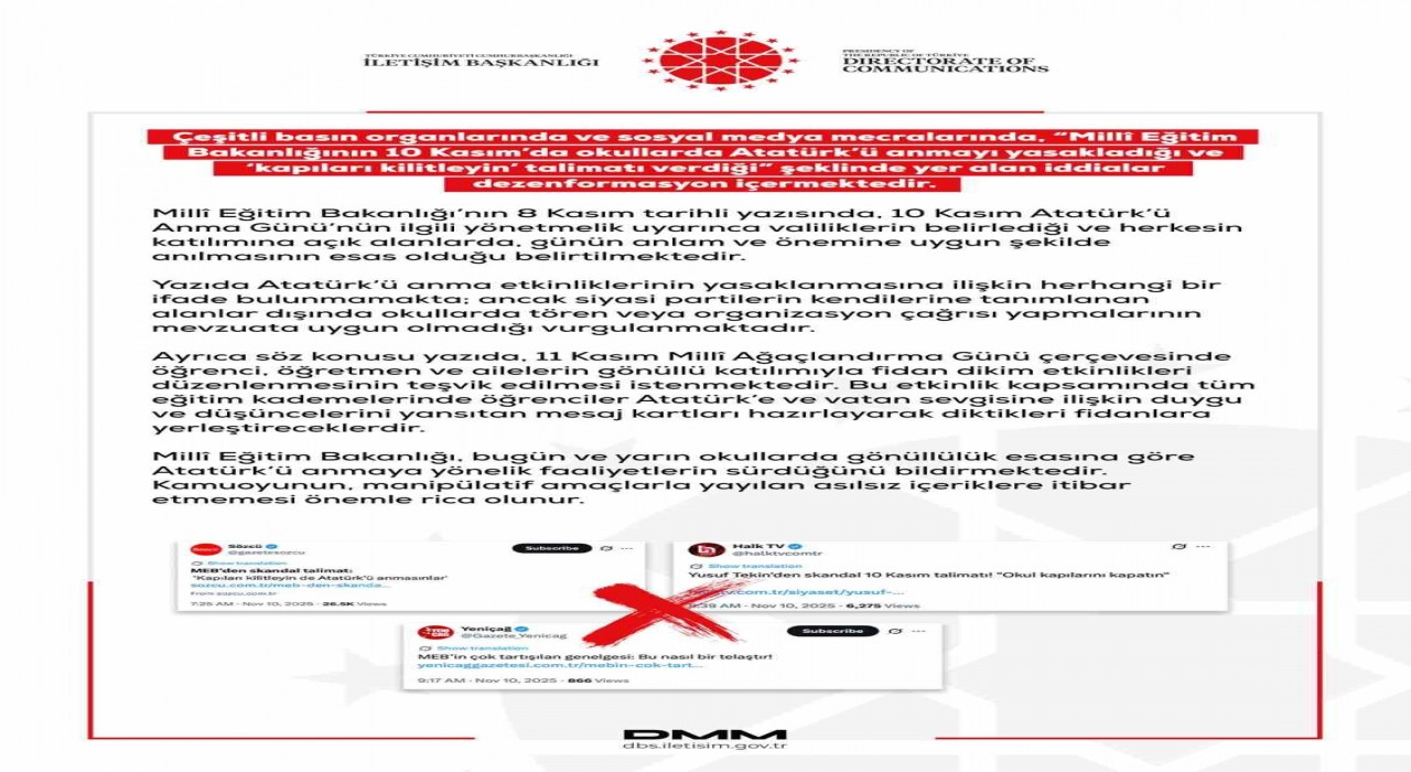 Dezenformasyonla Mücadele Merkezinden Atatürkü anmayı yasaklama iddialarına ilişkin açıklama