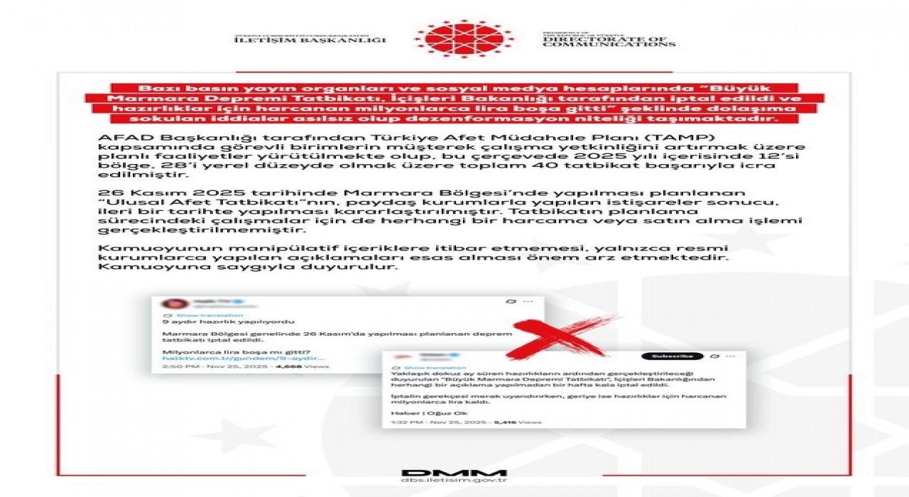 Dezenformasyonla Mücadele Merkezinden ‘Büyük Marmara Depremi Tatbikatı İçişleri Bakanlığı tarafından iptal edildi iddialarına yalanlama