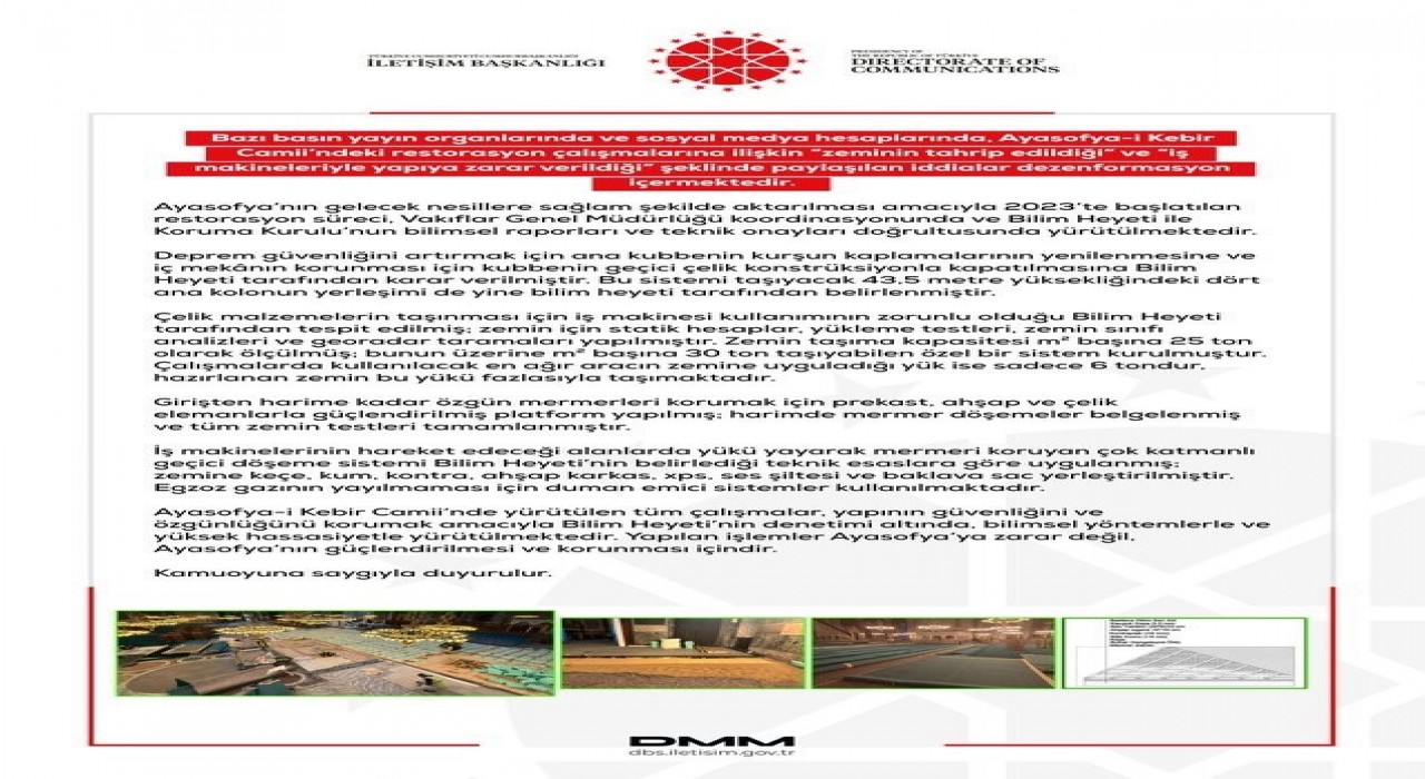 DMMden Ayasofya-i Kebir Camiiye iş makineleriyle zarar verildiği iddialarına yalanlama