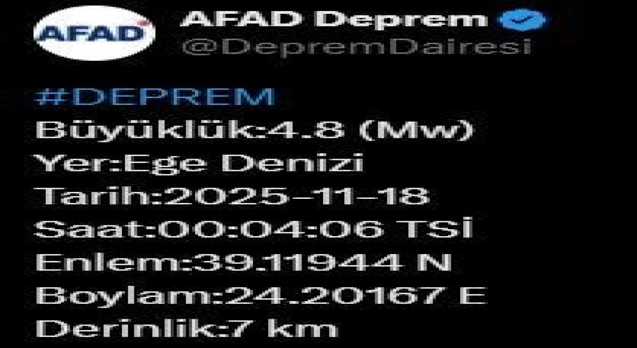 Ege Denizinde 4.8 büyüklüğünde deprem