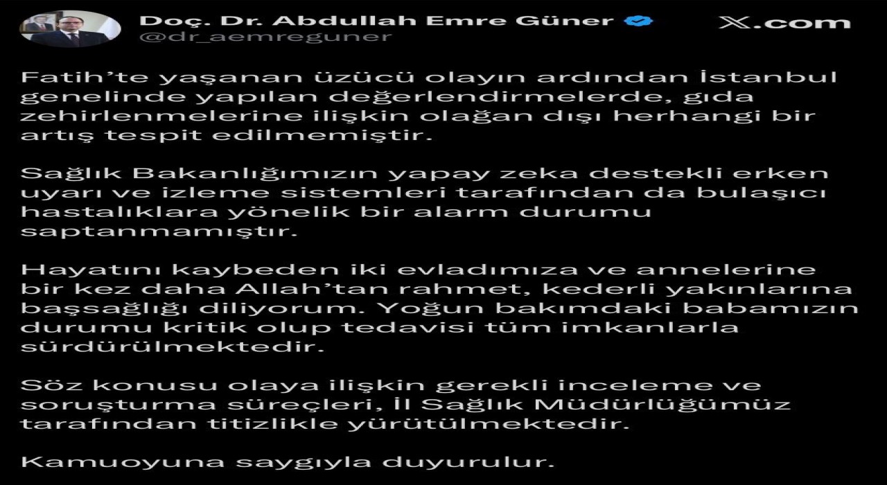 İstanbul İl Sağlık Müdürü Günerden gıda zehirlenmesi açıklaması