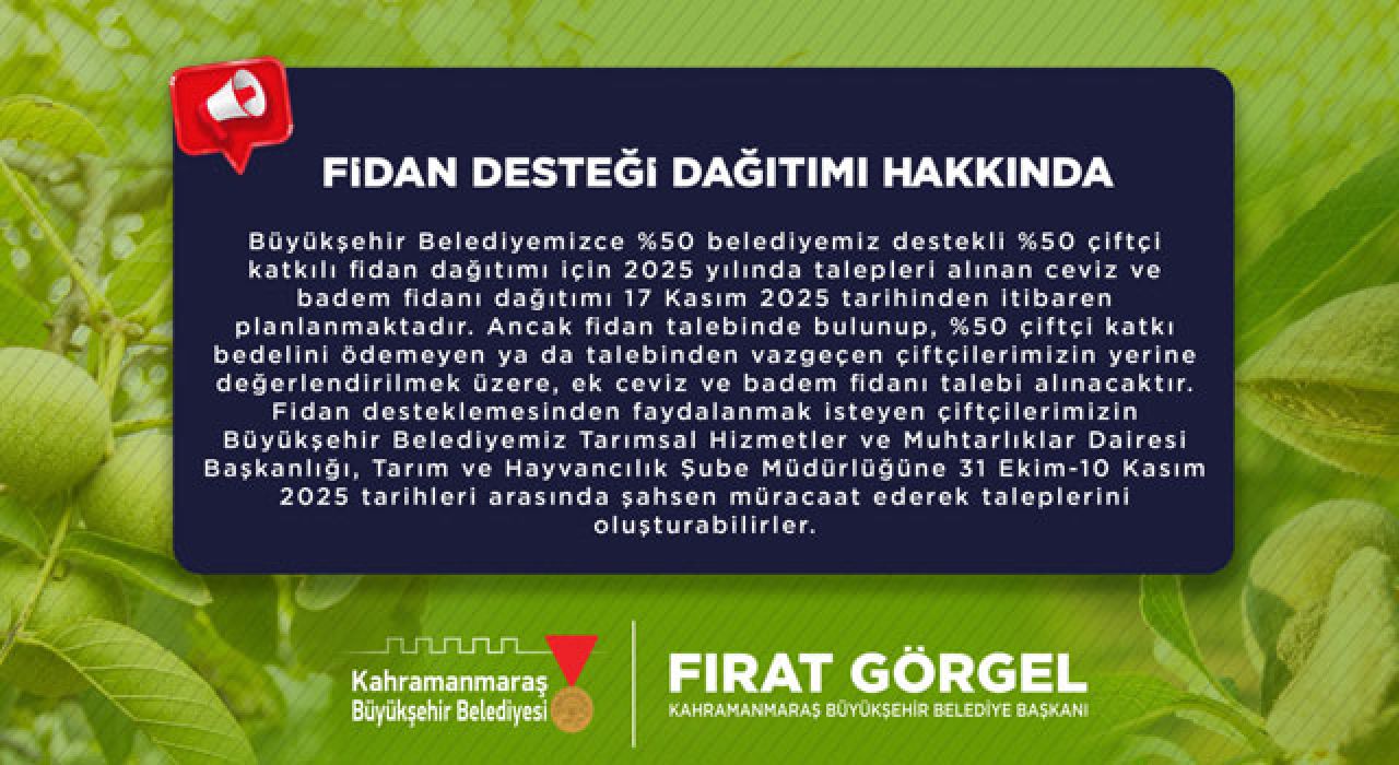 Kahramanmaraş’ta Hibe Destekli Ceviz ve Badem Fidanı Dağıtımı