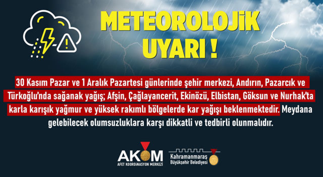 Kahramanmaraş’ta Sağanak ve Kar Yağışı Uyarısı