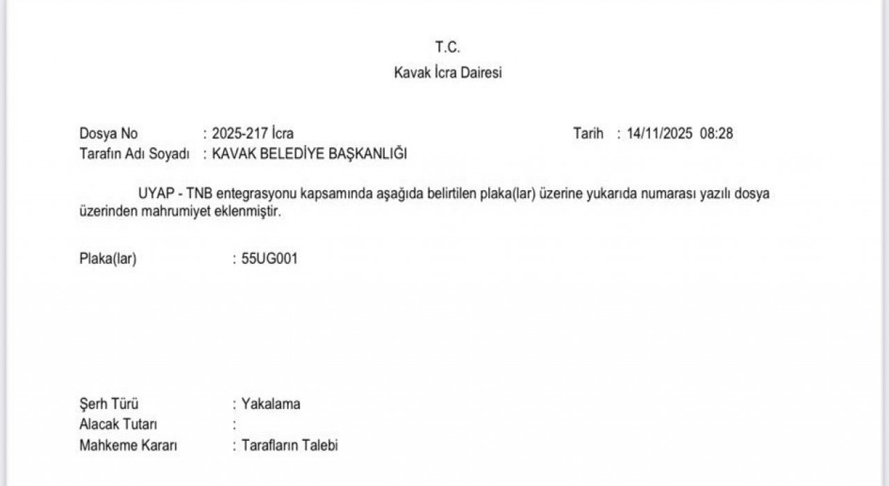 Kavak Belediyesinin makam aracına haciz ve yakalama kararı