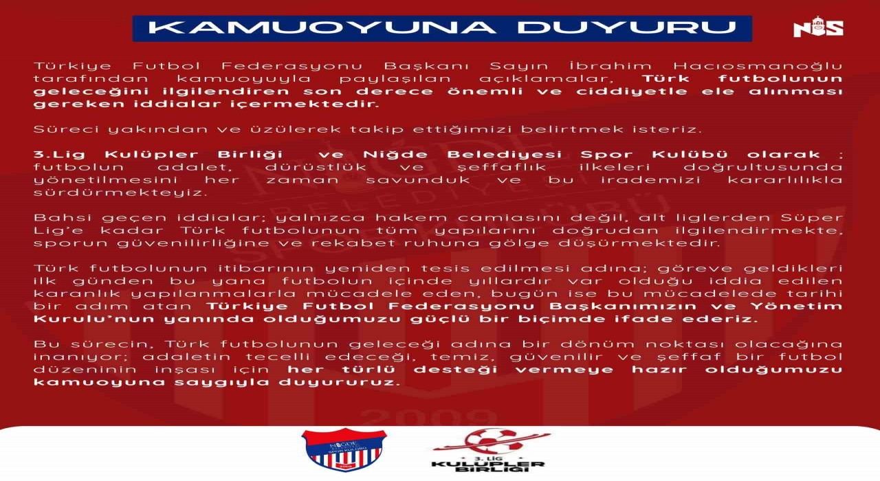 Niğde Belediyespordan TFFye destek