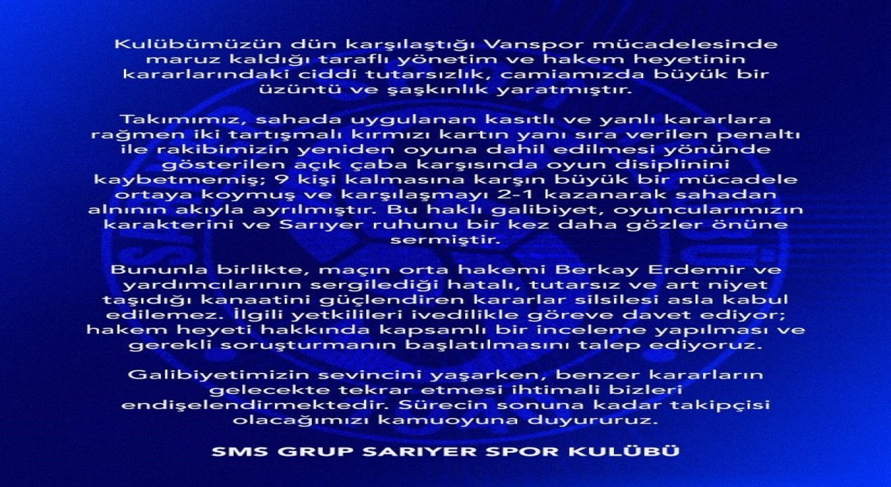 Sarıyerden, Vanspor maçının hakem heyeti hakkında soruşturma talebi