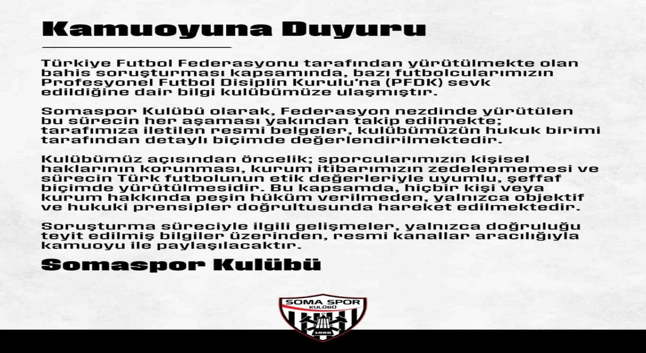 Somaspordan, PFDKya sevk edilen futbolcularıyla ilgili açıklama