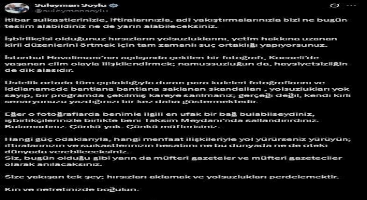 Süleyman Soylu: Kin ve nefretinizde boğulun