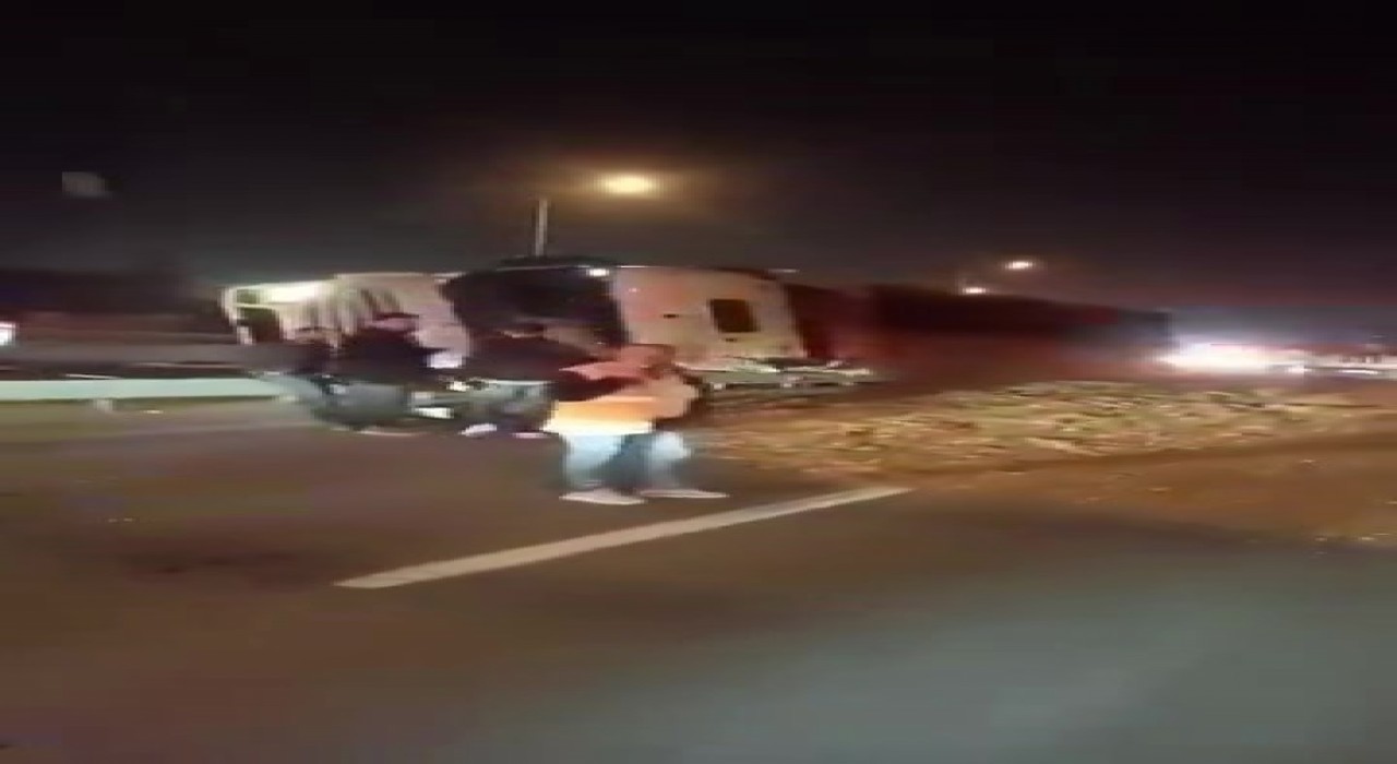 Virajı alamayan yonga yüklü tır devrildi